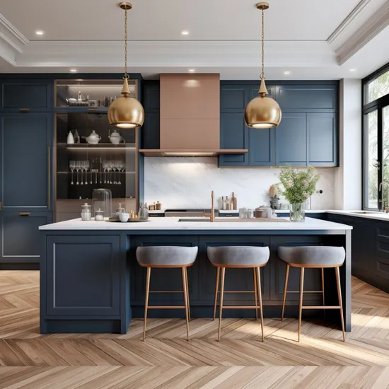 European PVC Kitchen Cabinets with Island and Rock Slab Countertop