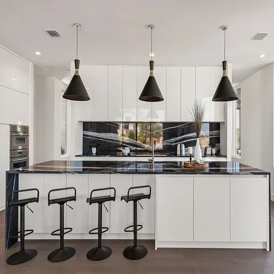 White Gloss Shadowline Cupboards L Shaped Design Pull out Pantry Storage Black Marble Countertop Benchtop Splashback PVC Modern Kitchen