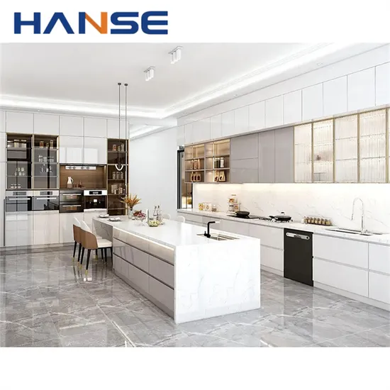New Arrivals Kitchen Customized L Shape White High Gloss Lacquer Finish Modern Designs Kitchen Cabinet with Island