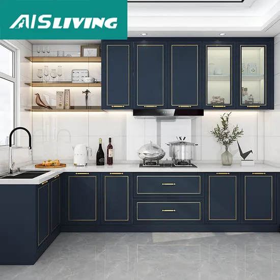 American Modern Luxury Shaker Style Designs Unassembled Bespok Blue Lacquer Laminate Kitchen Cabinet and Furniture Set Foshan
