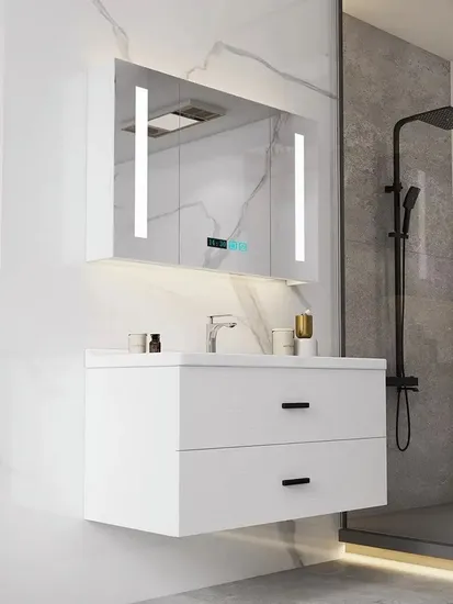 White Clearance Bathroom Cabinet Vanity Wall Mounted Wash Basin with LED Mirror Width Stock High Glossy Finish