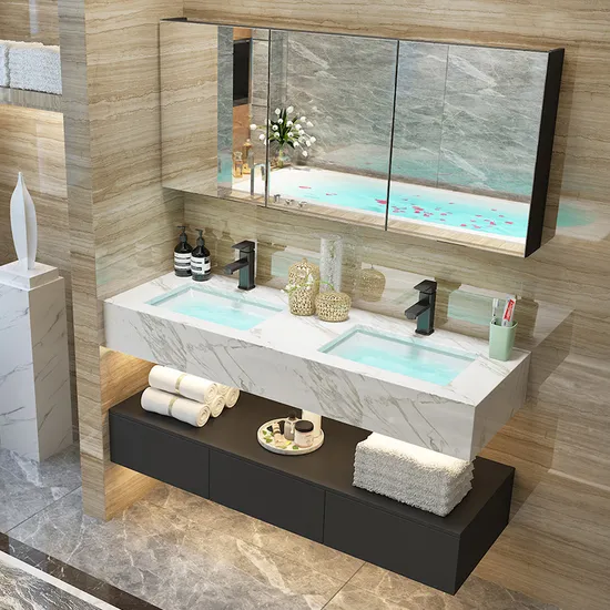 Marble Bathroom Vanity Wash Basin MDF Bathroom Wall Vanity with Smart Mirror