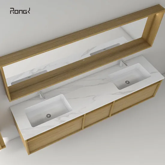 Modern Bathroom Vanity Cabinet with Solid Wood Side Cabinet Double Basin Vanity Unit with Drawers Sensor Mirror with Wood Frame