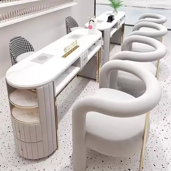 Luxury Stainless Steel Marble Tabletop Manicure Table with Chairs Customized Nail Shop