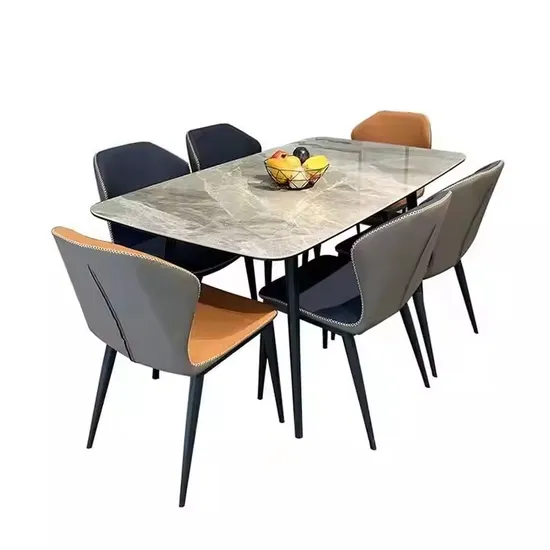 Modern Rectangular Dining Table Set with Marble Top for Home Office 6 Chairs Included for Family Dinners