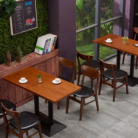 High Quality Wooden Western Restaurant Furniture Dining Table and Chairs Square with Metal Base Solid Wood Frame Chair with Leather Seater