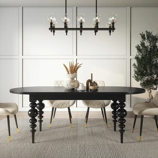 Black Antique Dining Table Oval Extendable Table with Turned Legs