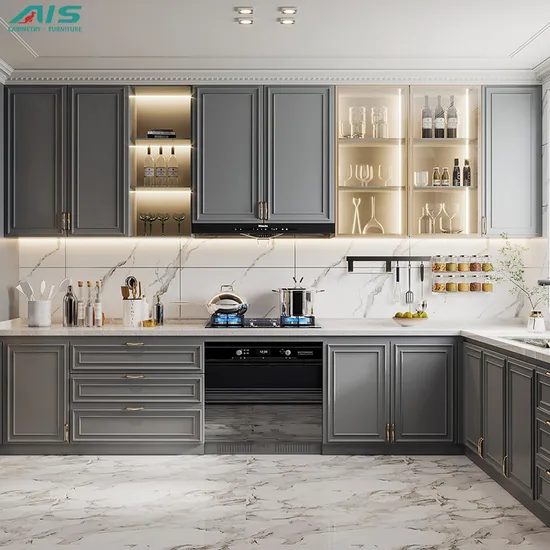 Modern American Style Designs Home Furniture High End Customize House Grey Shaker L Shaped Lacquer Cabinet Kitchen Furniture Kitchen Cabinets Factory Price