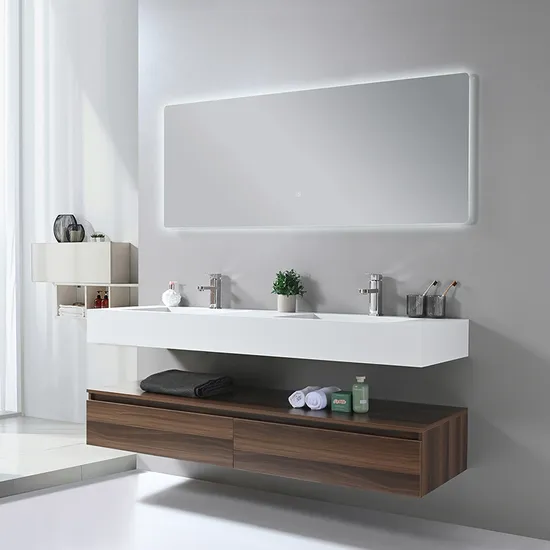 Stylish Bathroom Mirror LED Cabinet Vanity with Rock Slab Stone Wash Basin Sink