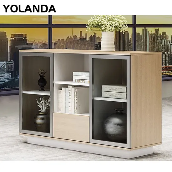 Yolanda Office Mobilier De Bureau Wooden Open Shelf Cabinet with Glass Door LED Light File Cabinet Office Furniture