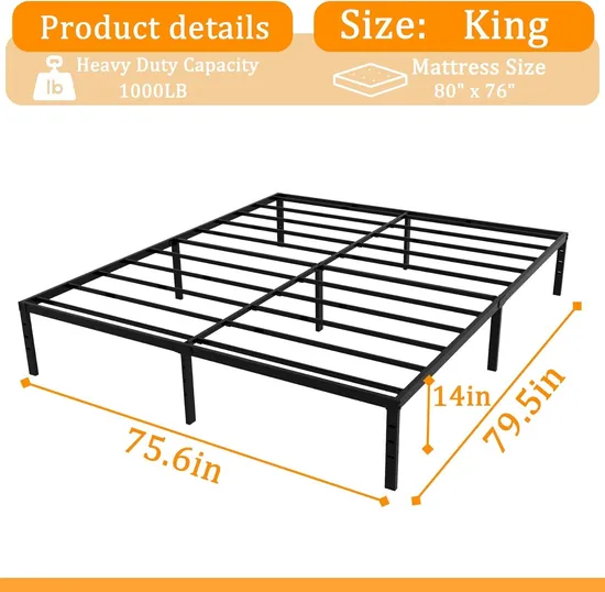 Heavy Duty Bedroom Furniture Metal Frame Black Folding King Size Bed