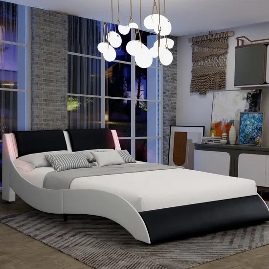 Willsoon Modern Curve Double Upholstered Bed Wooden Faux Leather with LED Headboard Soft and One Package for Home