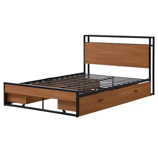 Modern Geometric Wood Design Metal Platform Black Color Bed Frame with 4 Storage Drawers