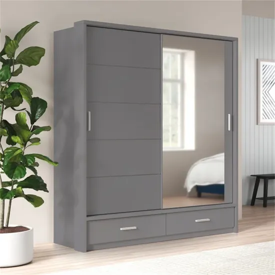 Modern King Size Bedroom Furniture Laminated Sliding Doors Closet Wardrobe with Mirror