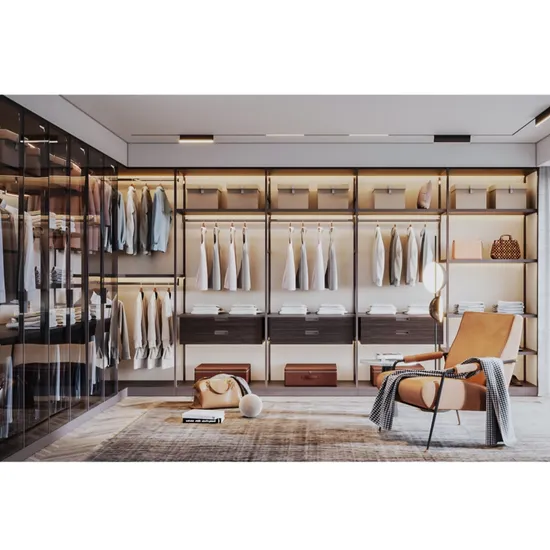 Modern Luxury L-Shaped Bedroom Cloakroom Wardrobe Walk-in Closet with Glass Door Light