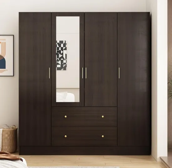 Dark Brown Wardrobe Armoire with Mirror, 5-Tier Shelves, 2 Drawers, 2 Hanging Rods and 4 Doors, Wooden Closet Storage Cabinet for Bedroom