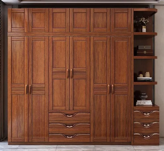 Solid Wood Multi-Door Wardrobe with Drawers and Side Shelves - Elegant Large Capacity Wooden Closet for Bedroom Storage
