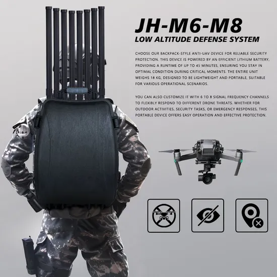 Factory Customized 8-Channel Backpack Anti-Drone Protection Device with Optional Frequency of 300-6GHz Omni Antenna Built-in Battery GaN Drone Jammer Module
