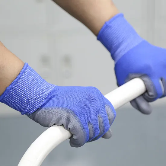 15+Years Direct Factory Industrial Engineering 13 Gauge Blue Knitted Nylon Grey PU Coated Glove