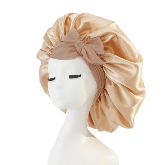 Wholesale Custom Design Women Lace Large Soft Satin Wraps Wide Brim Curly Natural Hair Silky Bonnet for Women Washing Sleeping