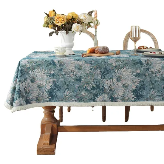 French Vintage Oil Painting Floral Pattern Tablecloth Yarn-Dyed Rectangular Tablecloth and Picnic Mat for Home Use