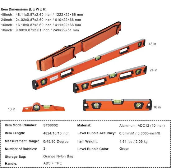 Magnetic Torpedo Level 48/24/16/10 in Mechanical Level Set