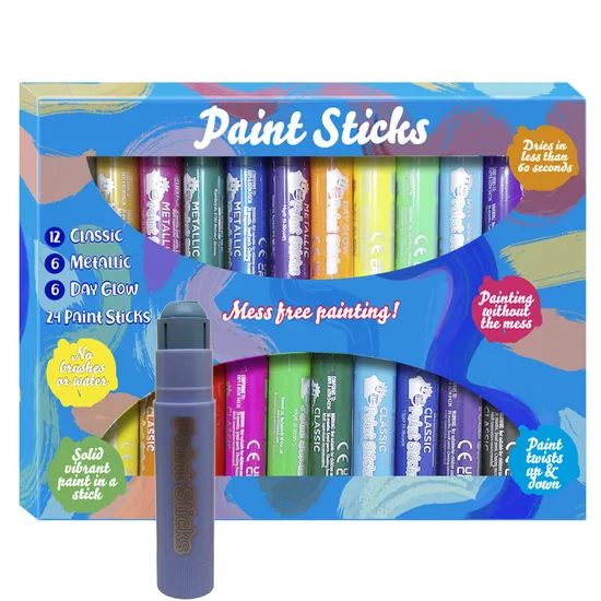 24pk Classic, Fluorescent and Metallic Washable Paint Sticks, Mess Free Painting