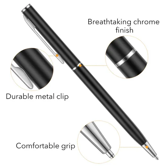 Slim Metallic Retractable Ballpoint Pens - Matte Black & Chrome, Nice Gift for Business Office Students Teachers Wedding Christmas, Medium Point(1mm) -Black ink
