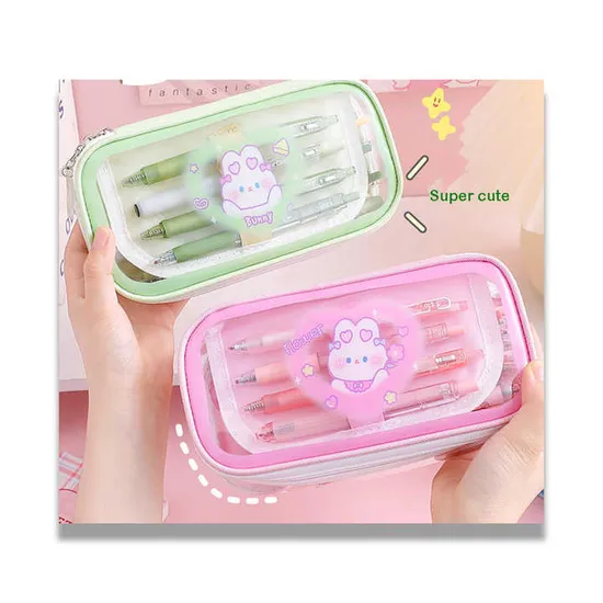 Cartoon Cute Student Pencil Case Transparent Double-Layer Stationery Box Can Be Inserted Into Pencil Case