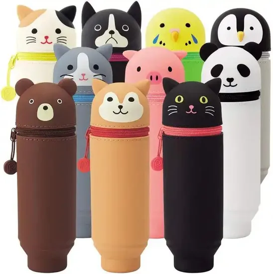 Silicone Stand up Pen Pouch with Cute Animal Face for School Pencil Case Pouch Bag Customized Color Pencil Cases for Kids