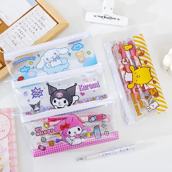 Cartoon Transparent Student Stationery Ring Zipper Pen Bag Large Capacity Bag