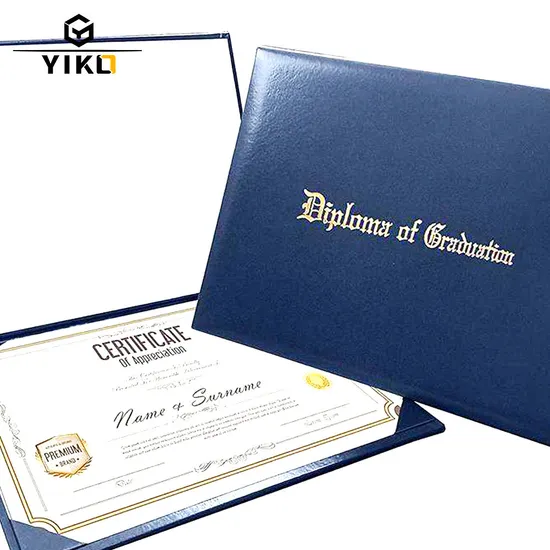 Customized Gold Foil Stamping Blue Leather A4 Graduation Cover Certificate Folder Diploma Holder