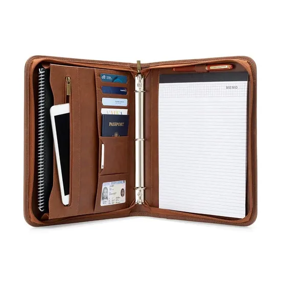 Custom Leather Portfolio Document Holder with Ring Binder and Zipper