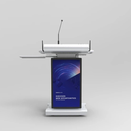Dual Screen Height Adjustable Lectern, Double Gooseneck Microphone Digital Podium Inbuilt Controlling System