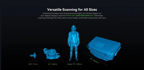 Cr-Scan Raptor, Hybrid Blue & Nir, Metrology Grade Accuracy, Multiple-Line Blue Laser Consumer 3D Scanner