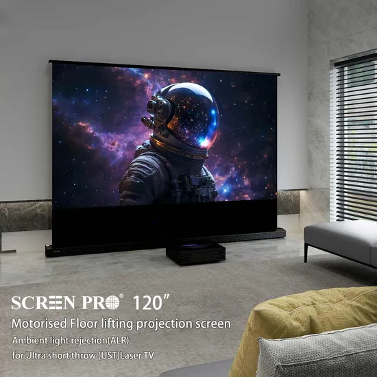 120 Inch Motorized Floor Rising Ambient Light Rejection (ALR) Projection Screen Laser TV 4K Ultra Short Throw (UST) Projector Electric Screen