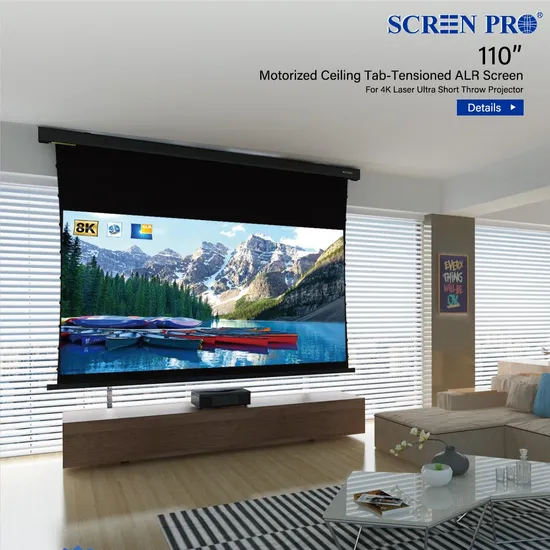 110 Inch Wall/Ceiling Tab-Tension Ultra Short Throw Alr Projector Screen Motorized 4K Laser TV Electric Projection Screen