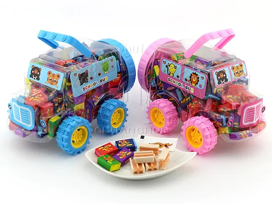 School Bus Car Shaped Bottle and Tattoo Stickers Chewing Bubble Gum Candy