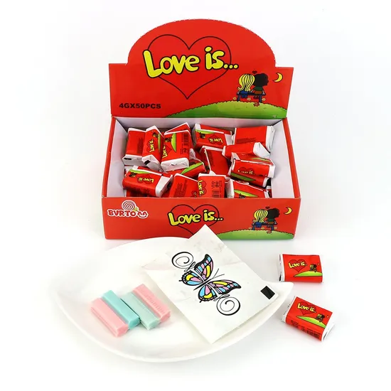 Bicolor Fruit Flavored Love Is Double Colors Bubble Gum with Tattoo Stickers