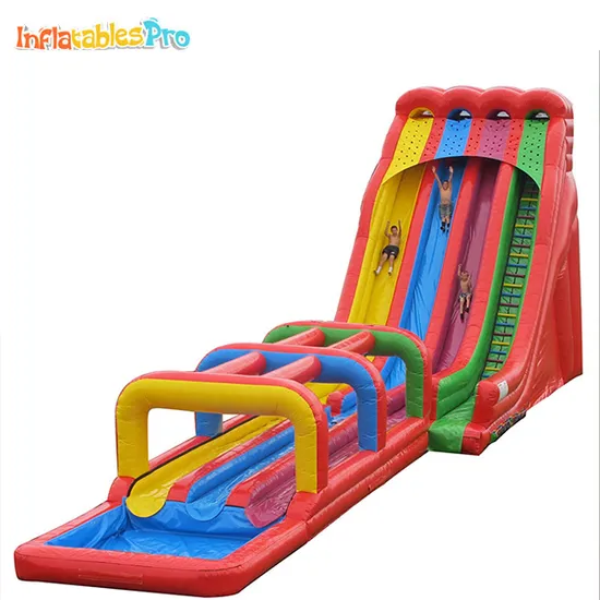 Rainbow Giant Triple Lane Inflatable Water Slide Into a Pool