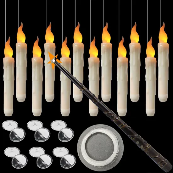 Flameless Candles with Magic Wand Remote Battery Operated Hanging Window Floating Candles for Christmas Halloween Decor