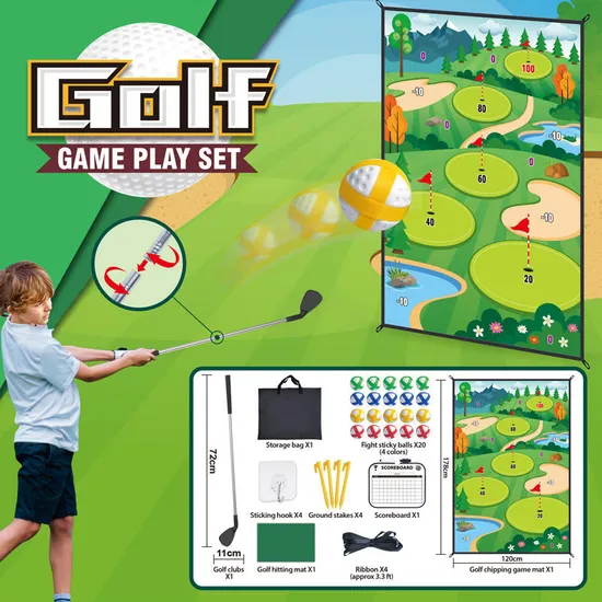 Kids Indoor Sport Game Floding Metal Golf Clubs Fight Sticky Balls Floor Wall Mat Golf Toy
