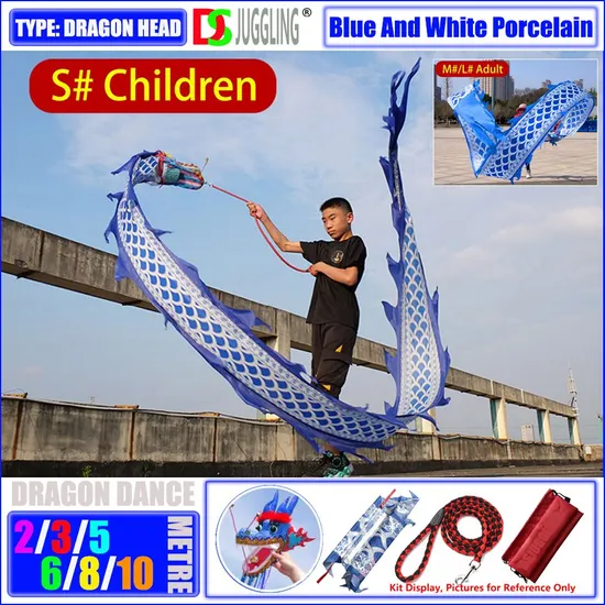 Blue and White Porcelain Fitness Children Adults Chinese Dragon Dance Props with Dragonhead Square Sport New Year Dance Ribbon