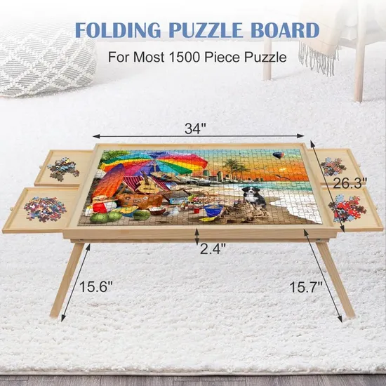 Wood Playing Toys Wooden Jigsaw Puzzle Table with Folding Legs and 4 Drawers