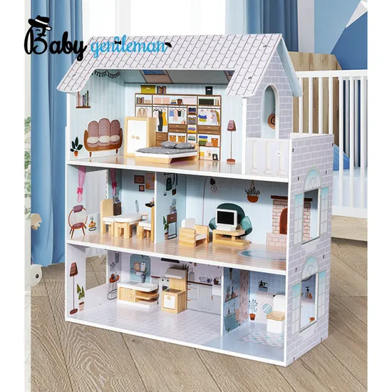 Kids Pretend Play Simulation 3 Floors Wooden Dollhouse with Furniture Kit Z06563A