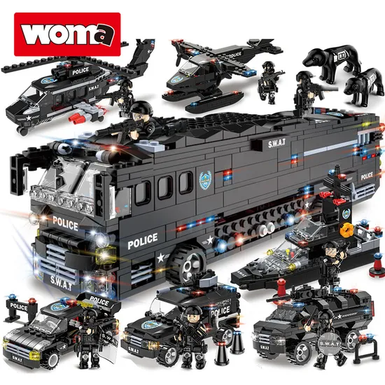 Woma Toys Amazon Hottest Sale Bricks Swat Mobile Combat Bus Car Model Building Block Set for Kids Large Set Zabawka DIY Toy Set Children Plastic Toys