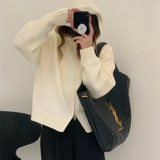 New Trend Hooded Double Zipper Sweater Women Thickened Knitted Cardigan Agent
