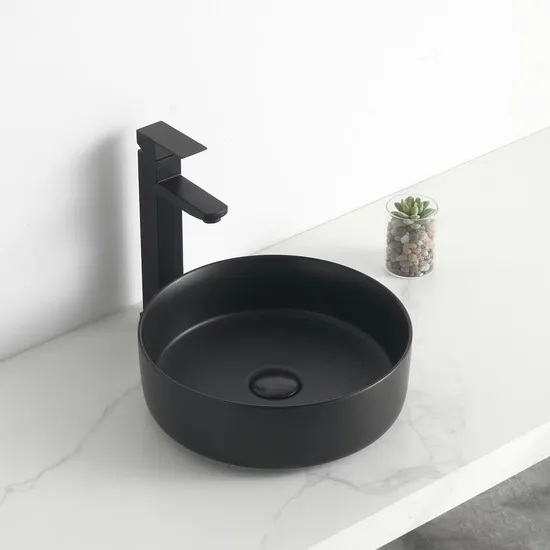 Round Ceramic Sink Black with Gold Bathroom Pedestal Hand Wash Basin