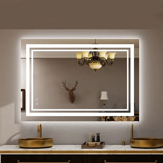 Customized New Design Morden Classical Smart LED Hotel Furniture Rectangular Backlit Frontlit Mirror with Light/Anti-Fog/Bluetooth Speaker for Vanity Bath Room