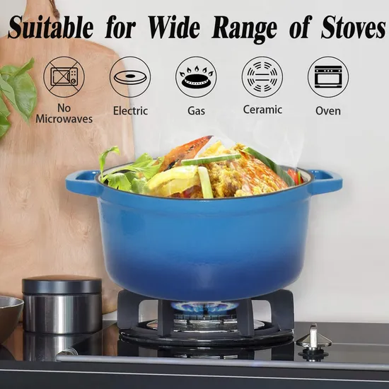 Round Cast Iron Enamel Skillet with Lid, 7-Quart Family Size Large Capacity Cast Iron Nonstick Stock Pot